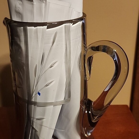 Vintage Glass Clear Pitcher Floral etched Silver Accent Heavy - Picture 6 of 12